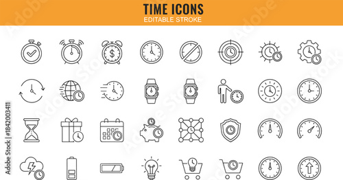Modern time management line icons collection for scheduling, deadline planning, productivity tracking, business efficiency, smart clock symbols, editable stroke design set