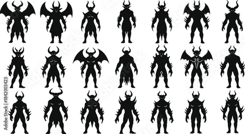 Demonic silhouette character set with horns, wings, claws, fantasy monster vector for dark mythology, horror design, and game concept art