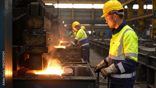 Workers in a metal foundry wearing safety gear, handling glowing hot metal with industrial machinery in a manufacturing plant.