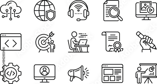 Modern line icon collection representing digital marketing, web development, online learning, cybersecurity, content creation, coding, analysis, communication, and productivity tools