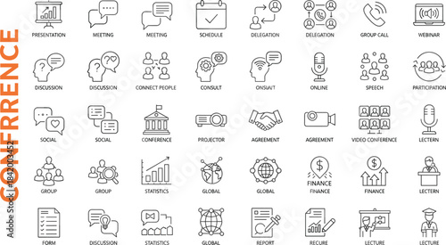 Modern conference and communication line icons collection for business meetings, presentations, collaboration, online webinars, teamwork, consulting, and corporate discussion illustration