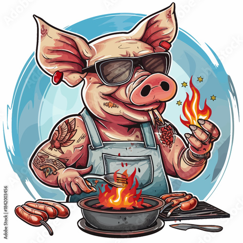Cartoon pig grilling sausages with flames and sunglasses in a vector illustration