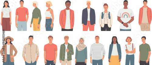 Collection of diverse characters in modern outfits, flat style people illustration set, multicultural men and women standing, inclusive community artwork design