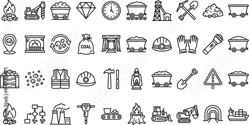 Mining industry outline icons featuring coal extraction, equipment, safety tools, transportation, minerals, workflow symbols, industrial machinery, underground mining elements for professional use