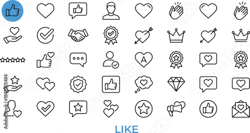 Minimalist like and love icon set, social media approval symbols, feedback icons, rating elements, hand-drawn outline style graphics collection