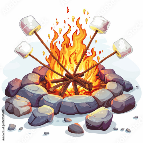 Campfire with marshmallows on skewers illustration for outdoor activities