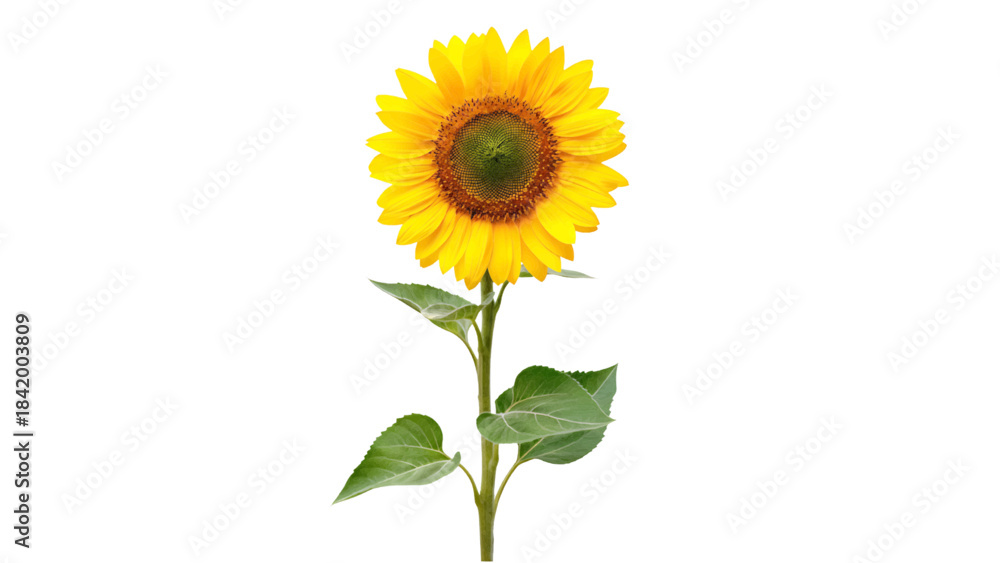 Fototapeta premium Vector of a bright yellow sunflower with green leaves on transparent background