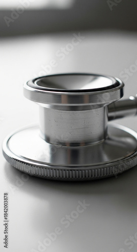 Close-up of a medical stethoscope's chestpiece, symbolizing healthcare, diagnosis, and medical examination