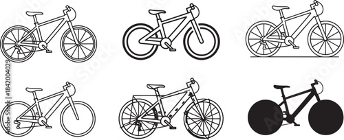 Various bicycle illustrations showcasing different outline styles and design interpretations