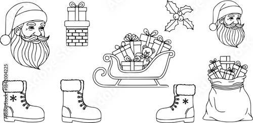A comprehensive collection of outline and solid fill christmas icons featuring Santa Claus's head and a chimney with gifts a sleigh laden with presents festive winter boots and a sack of parcels