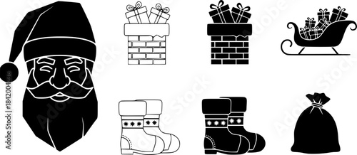 A comprehensive collection of outline and solid fill christmas icons featuring Santa Claus's head and a chimney with gifts a sleigh laden with presents festive winter boots and a sack of parcels