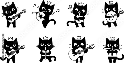 Cartoon black cat character illustrations playing musical instruments, crown, fish, guitar, violin, flute, whimsical animal artwork design sequence
