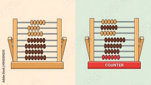 Two wooden abacus illustrations side-by-side on a split background, with brown and light brown beads forming the shape of the number eight (8).