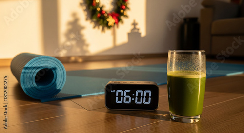Invigorating home wellness routine featuring yoga mats, a precise timer, and a revitalizing green juice, bathed in warm morning light, ideal for a balanced and healthy start