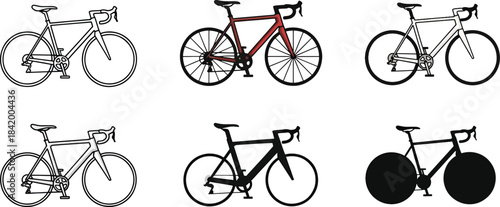 Aesthetic collection of road bicycle illustrations in outline, color, and silhouette styles