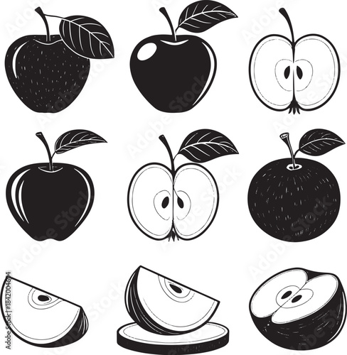 Black and white graphic illustrations of whole apples sliced apples and apple wedges fruit food