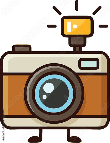 Cartoon camera with activated flash and legs on white background photography object