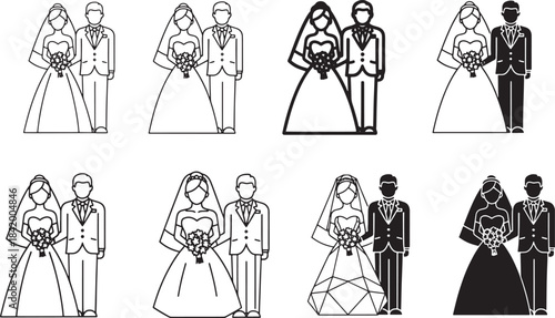 A beautiful collection of bride and groom wedding icons in diverse line and solid styles