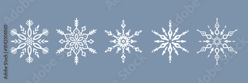 Decorative snowflakes collection. Hand drawn style Festive winter holiday snow decorations for Christmas and New Year. Flat snow flakes set.