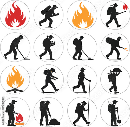 Collection of Silhouette Icons Depicting Campers Fire Starting and Outdoor Activities camping