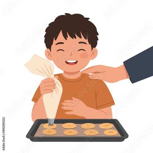 Joyful Young Boy Learning to Bake Cookies with Caring Parental Guidance