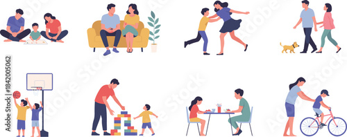 Family activities illustration set, parents and children playing, learning, exercising, spending quality time together, modern flat style parenting and lifestyle artwork