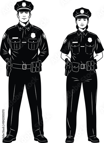 Police officers standing in uniform, male and female partners in law enforcement, professional security personnel, full-length silhouette vector illustration on 