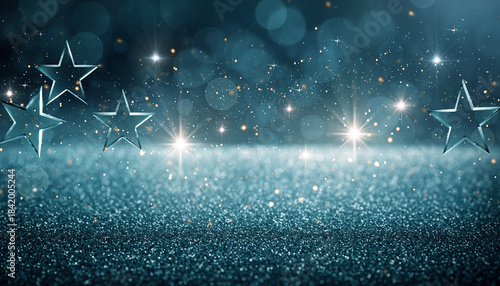 Sparkling glitter background with stars and lights, teal green christmas card shiny bokeh lights, sparkles and stars at night, glowing winter decoration wallpaper