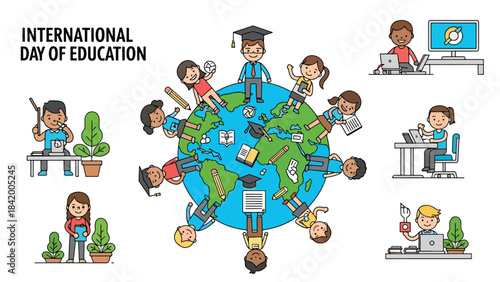 A vibrant cartoon illustration celebrating the International Day of Education, featuring children around a globe engaged in various learning activities.
