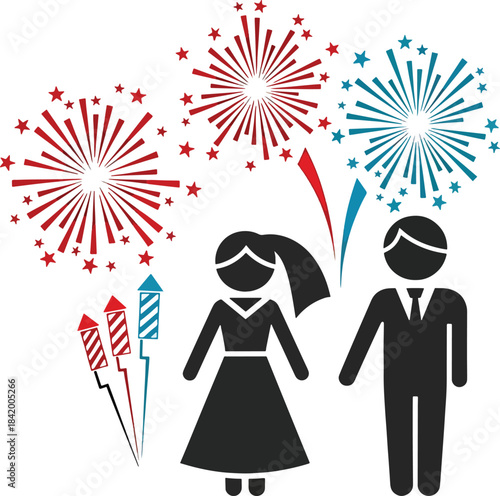 A joyful couple celebrates a special occasion under a dazzling display of festive fireworks
