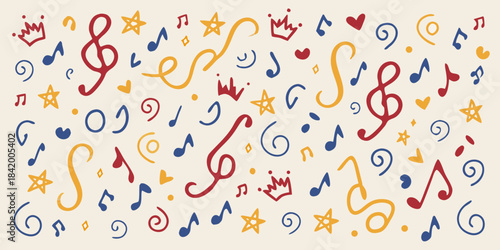 Colorful musical notes crowns stars and hearts create a playful pattern