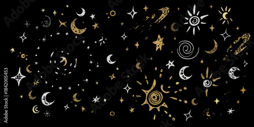 Celestial doodles of moons stars and suns scattered on a dark background