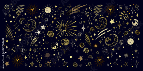 Celestial doodles stars moons comets and sparkling elements on a dark background
