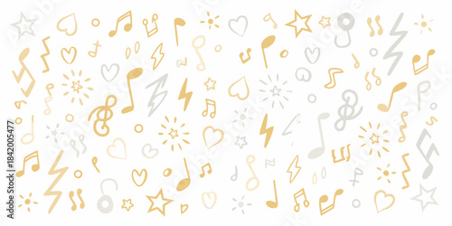 A whimsical pattern of golden musical notes stars and charming decorative elements