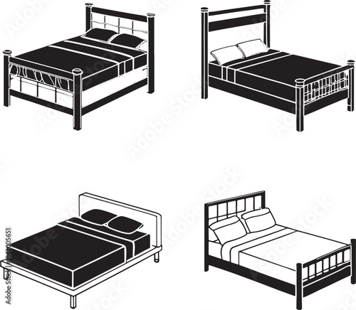 Four black and white isometric illustrations of beds with pillows and blankets bedroom furniture