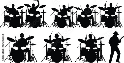 Set of Black Vector Silhouettes of Drummers Playing Drum Kits and a Guitarist, Isolated Figures Representing Musicians, Live Music Performance, Rock Band, and Rhythm Concept