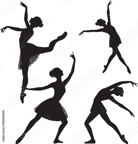 Four black silhouette ballet dancers in various graceful poses on white background vector
