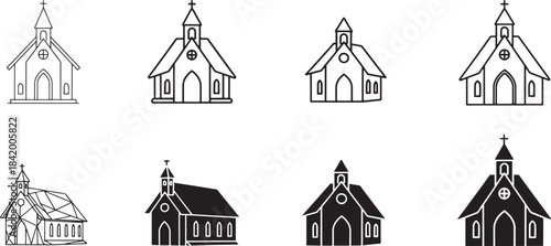 A diverse collection of church vector icons showcasing various styles and forms