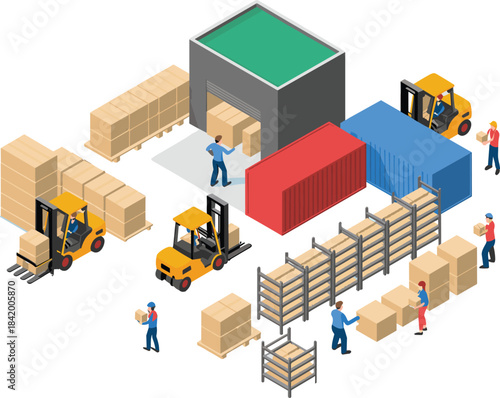 Isometric warehouse logistics illustration with workers, forklifts, shipping containers, pallet racks, loading goods, supply chain distribution, storage management concept artwork