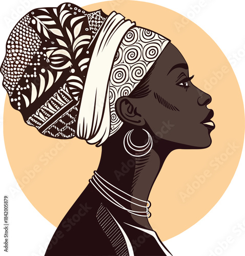 Profile illustration of a woman wearing a patterned headwrap and jewelry kwanzaa african culture african woman