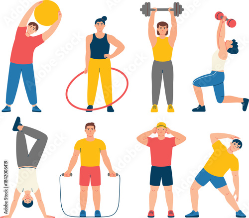 People doing various fitness exercises, workout illustration set, physical activity poses, stretching, weightlifting, jump rope, healthy lifestyle training artwork