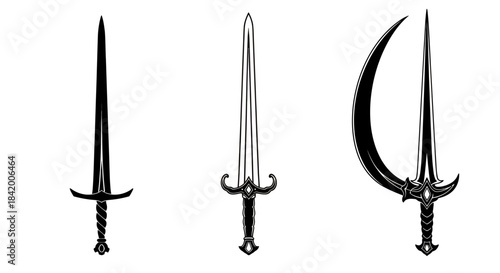 Set of Medieval and Fantasy Swords Vector: Straight Blades and Curved Scimitar Silhouettes.