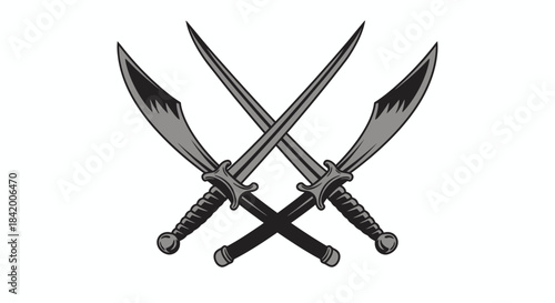 Three Crossed Swords Icon Vector: Scimitars and Pirate or Military Weaponry Symbol.