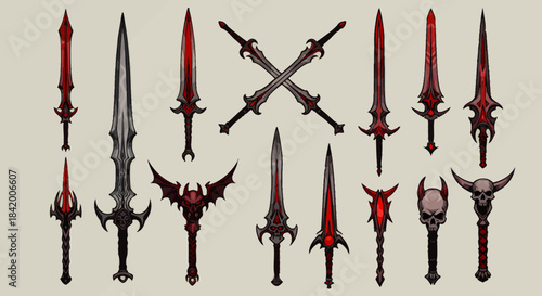 Large Set of Dark Fantasy Swords and Daggers Vector: Evil, Gothic, and Ornate Blades with Red Accents.