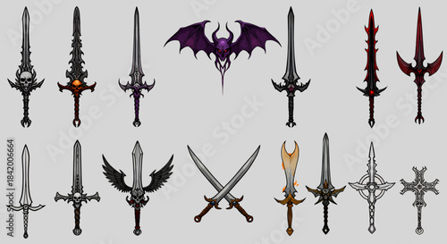 A Variety of Dark and Ornate Fantasy Swords and a Demonic Symbol