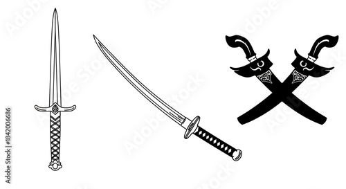 A Dagger, a Katana, and Crossed Scimitars Emblem