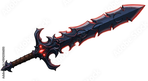 Jagged Demonic Sword with Red Accents and Fiery Aura