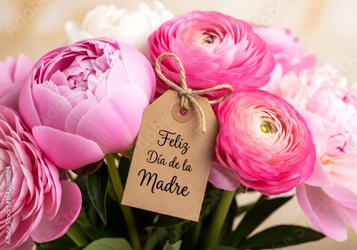 Close-Up Peony Bouquet with “Feliz Día de la Madre” Tag — Wide Floral Detail for Banner