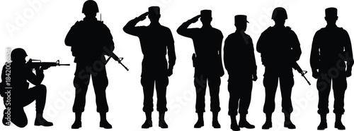 Set of Black Vector Silhouettes of Soldiers in Uniform with Weapons, Figures Showing Salute and Action Poses, Representing Military Service, Army, Defense, and National Security