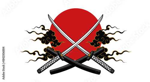 Samurai Pride: Crossed Katanas Beneath a Red Sun with Wisps of Smoke